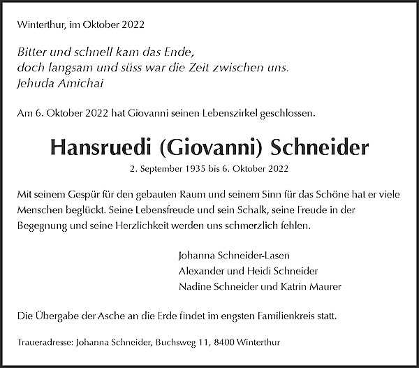 Todesanzeige von Hansruedi (Giovanni) Schneider, Winterthur