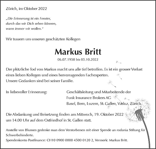 Avis de décès de Markus Britt, Aesch