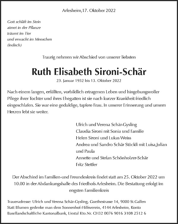 Avis de décès de Ruth Elisabeth Sironi-Schär, Arlesheim