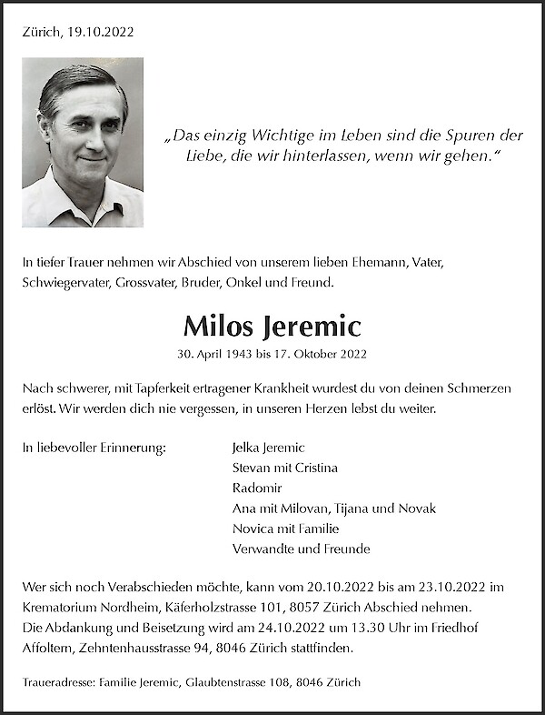 Avis de décès de Milos Jeremic, Zürich