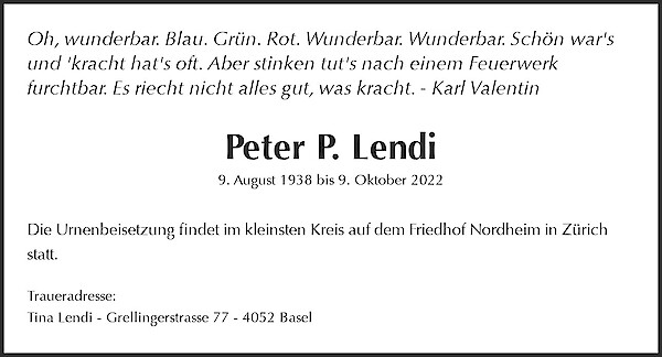 Todesanzeige von Peter P. Lendi, Basel