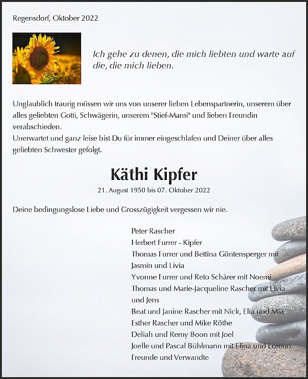 Obituary Käthi Kipfer, Regensdorf