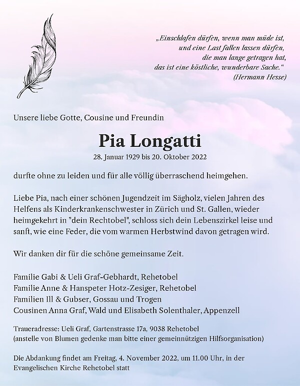Obituary Pia Longatti, Rehetobel
