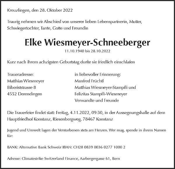 Avis de décès de Elke Wiesmeyer-Schneeberger, Kreuzlingen