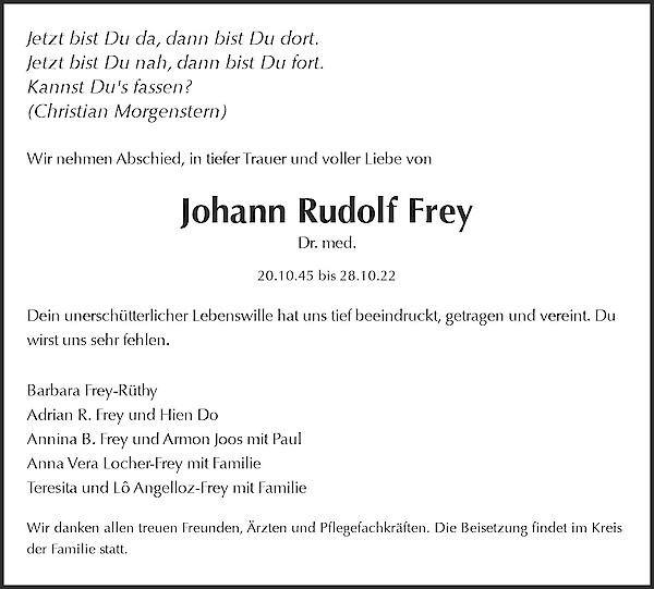 Avis de décès de Johann Rudolf Frey, Riehen