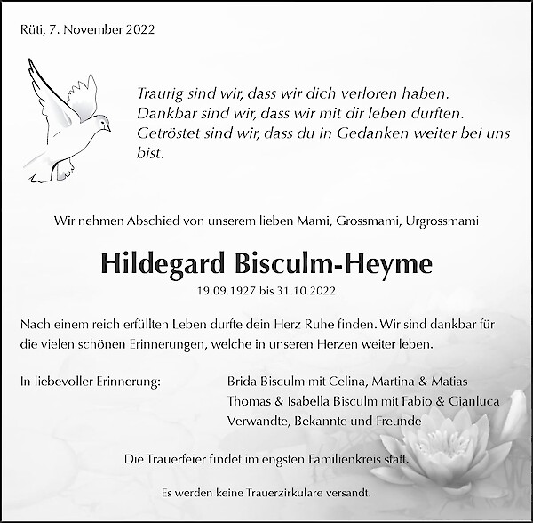 Obituary Hildegard Bisculm-Heyme, Rüti ZH