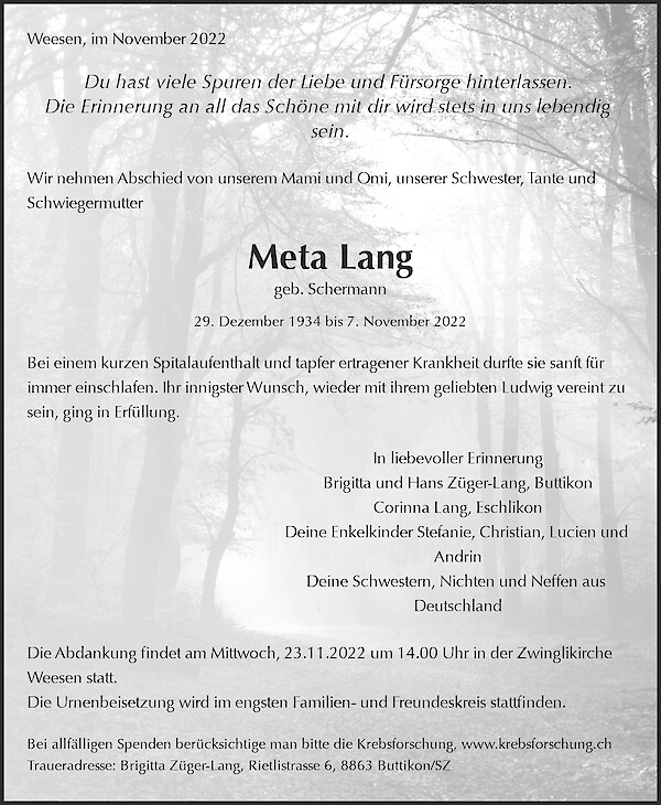 Obituary Meta Lang, Weesen