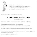 Avis de décès Klara Anna Oswald-Otter, Effretikon