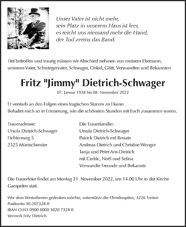 Avis de décès de Fritz "Jimmy" Dietrich-Schwager, Gampelen