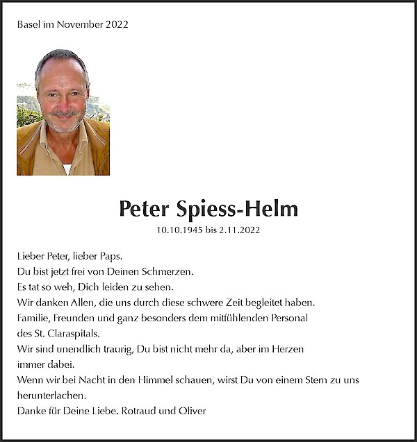 Avis de décès de Peter Spiess-Helm, Basel