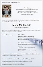 Avis de décès Maria Müller-Näf, Wangen bei Olten