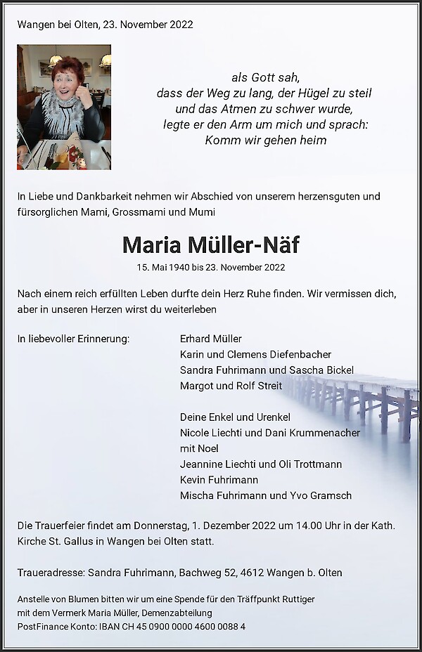 Todesanzeige von Maria Müller-Näf, Wangen bei Olten