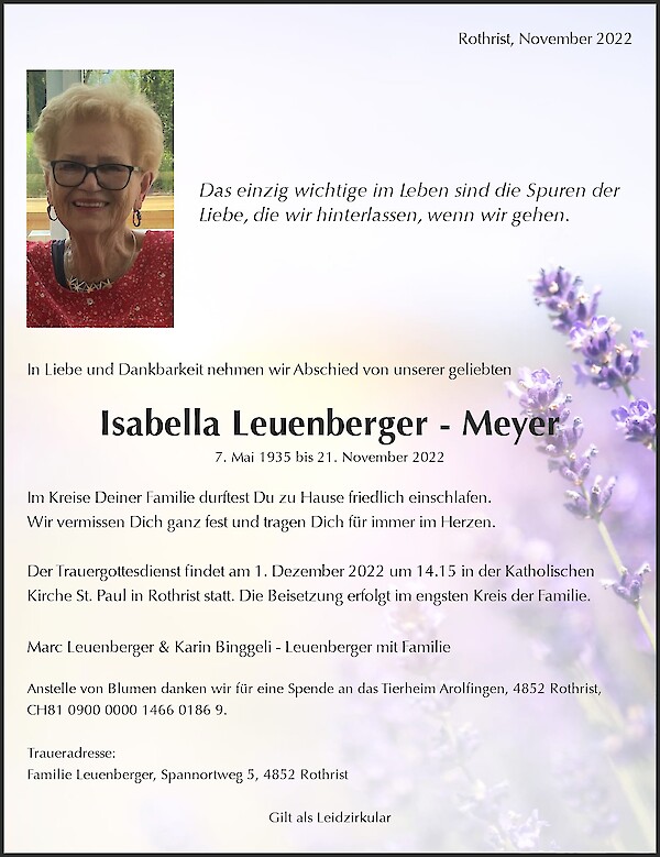 Necrologio Isabella Leuenberger - Meyer, Rothrist