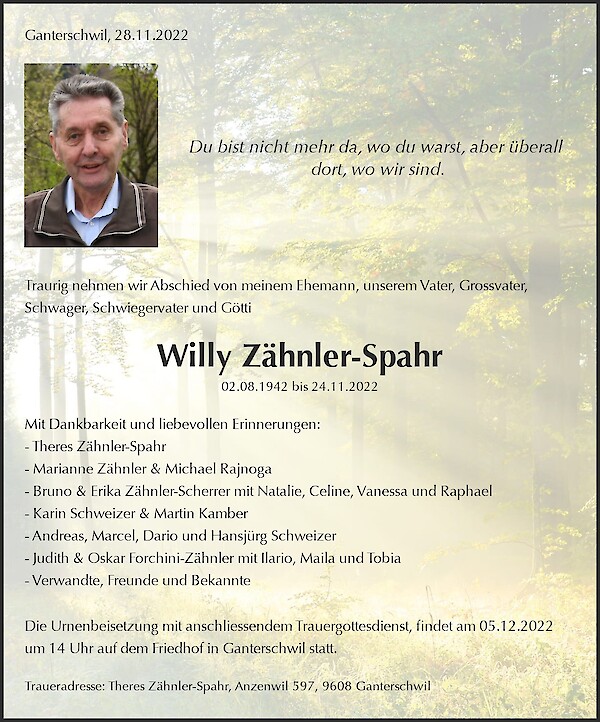 Necrologio Willy Zähnler-Spahr, Ganterschwil