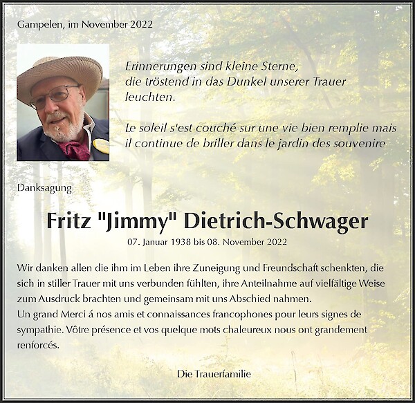 Avis de décès de Fritz "Jimmy" Dietrich-Schwager, Gampelen