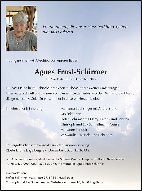 Todesanzeige von Agnes Ernst-Schirmer, Luzern