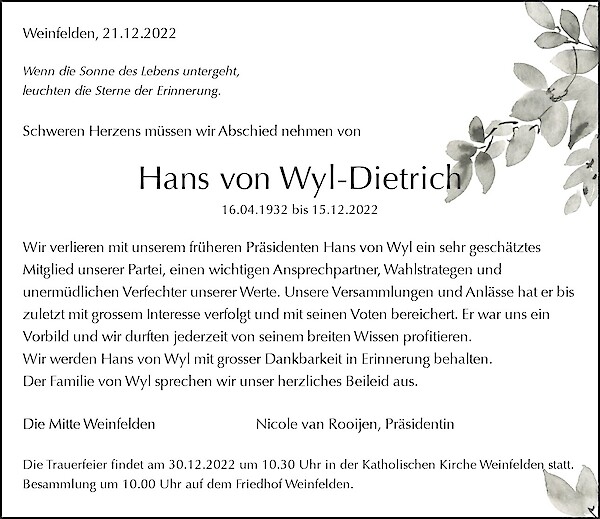 Avis de décès de Hans von Wyl-Dietrich, Weinfelden
