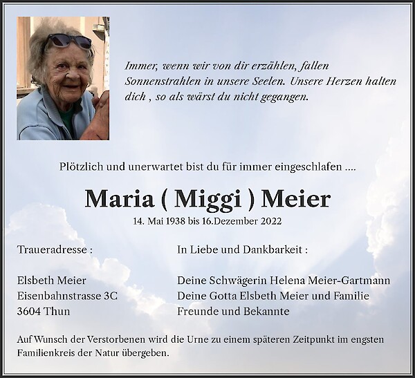 Avis de décès de Maria ( Miggi ) Meier, Küblis