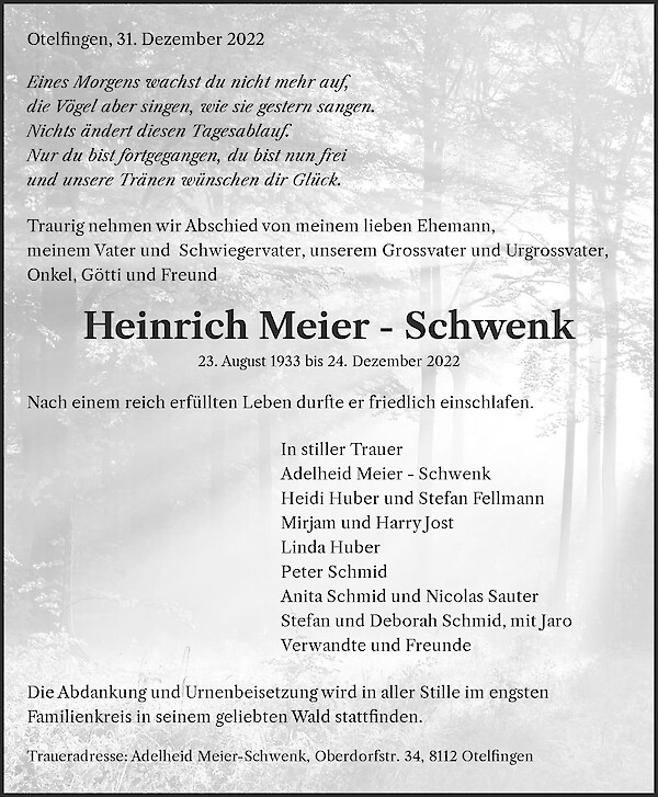 Todesanzeige von Heinrich Meier - Schwenk, Otelfingen