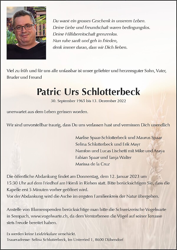 Todesanzeige von Patric Urs Schlotterbeck, Breitenbach