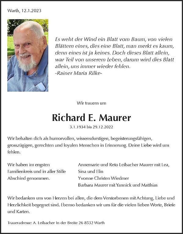 Todesanzeige von Richard E. Maurer, Winterthur