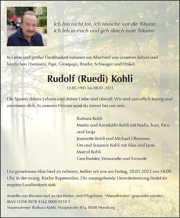 Todesanzeige von Rudolf (Ruedi) Kohli, Homburg