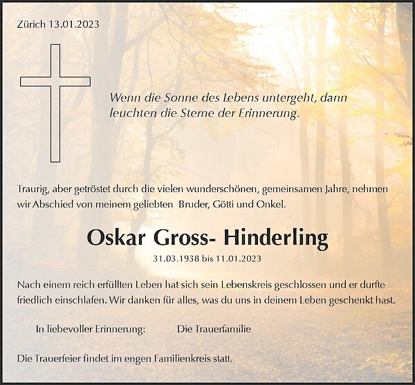 Todesanzeige von Oskar Gross- Hinderling, Zürich