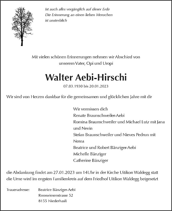 Todesanzeige von Walter Aebi-Hirschi, Uitikon Waldegg