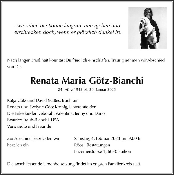Todesanzeige von Renata Maria Götz-Bianchi, Ebikon