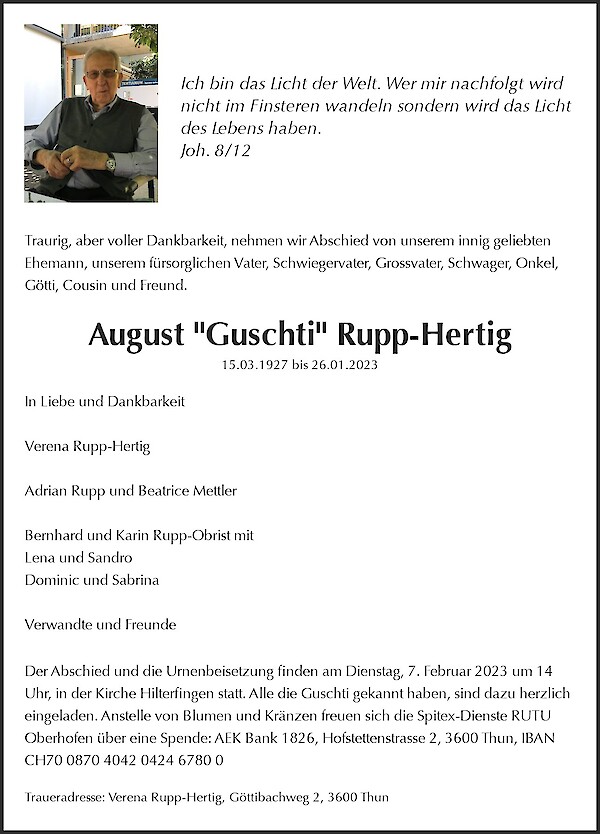 Avis de décès de August "Guschti" Rupp-Hertig, Thun