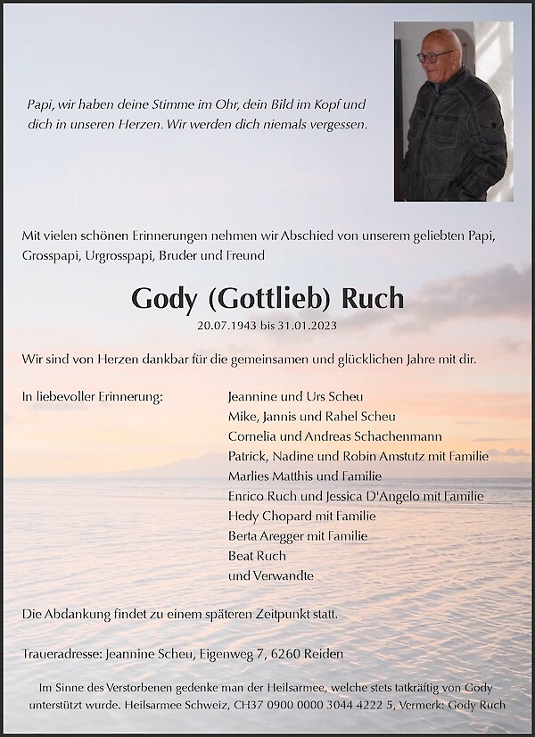 Todesanzeige von Gody (Gottlieb) Ruch, Oberiberg