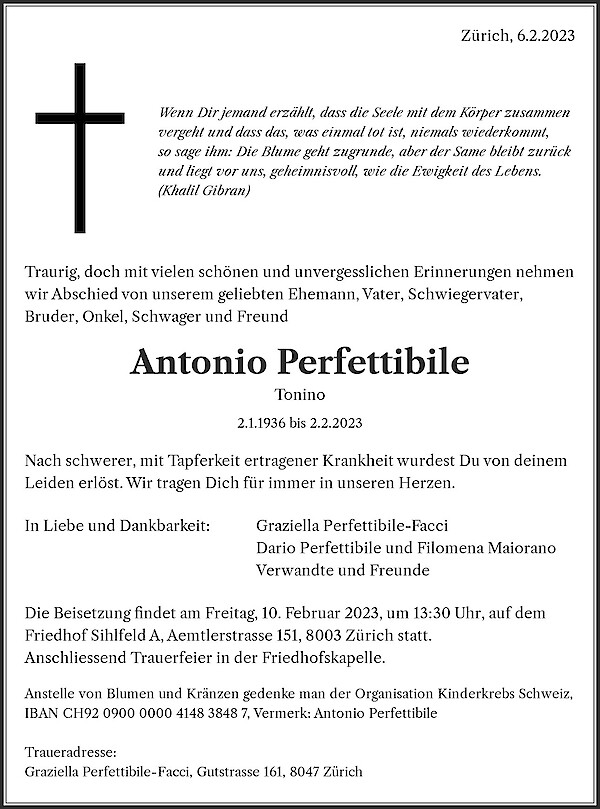 Todesanzeige von Antonio Perfettibile, Zürich