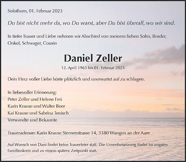 Todesanzeige von Daniel Zeller, Solothurn