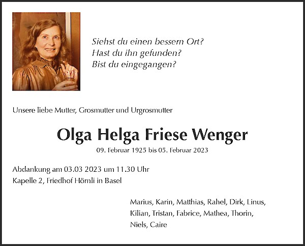 Necrologio Olga Helga Friese Wenger, Basel