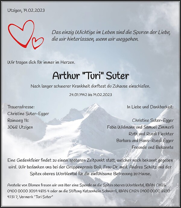 Obituary Arthur "Turi" Suter, Utzigen