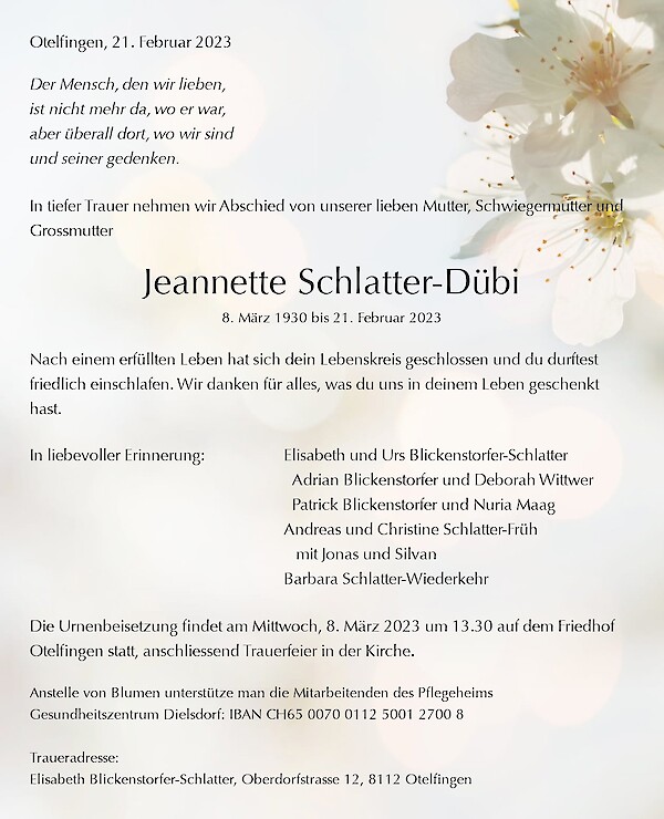 Todesanzeige von Jeannette Schlatter-Dübi, Otelfingen