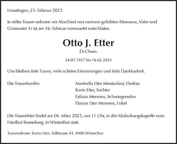 Avis de décès de Otto J. Etter, Ermatingen