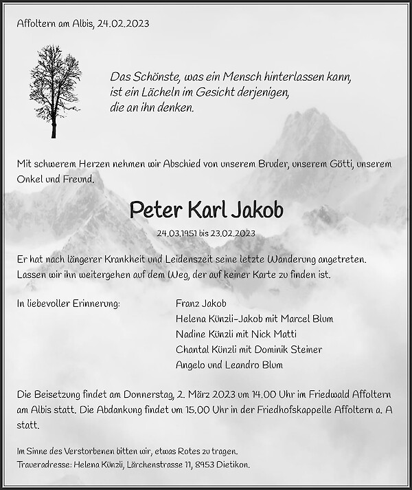 Avis de décès de Peter Karl Jakob, Affoltern am Albis