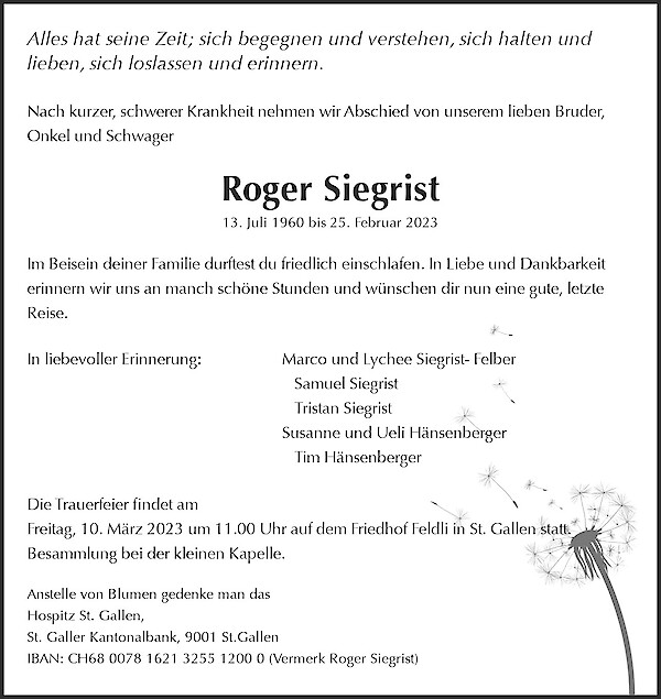 Avis de décès de Roger Siegrist, St. Gallen