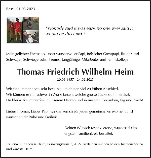 Avis de décès de Thomas Friedrich Wilhelm Heim, Basel