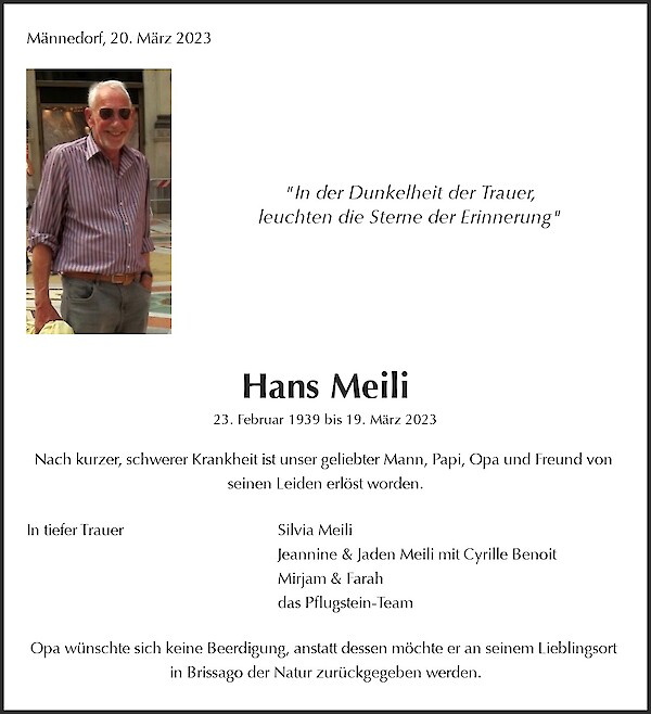 Avis de décès de Hans Meili, Männedorf