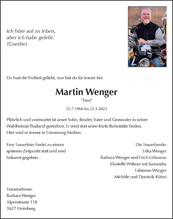 Avis de décès de Martin Wenger