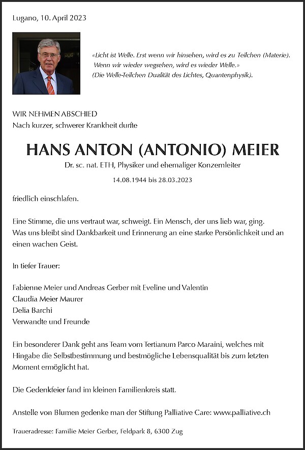 Todesanzeige von HANS ANTON (ANTONIO) MEIER, Lugano
