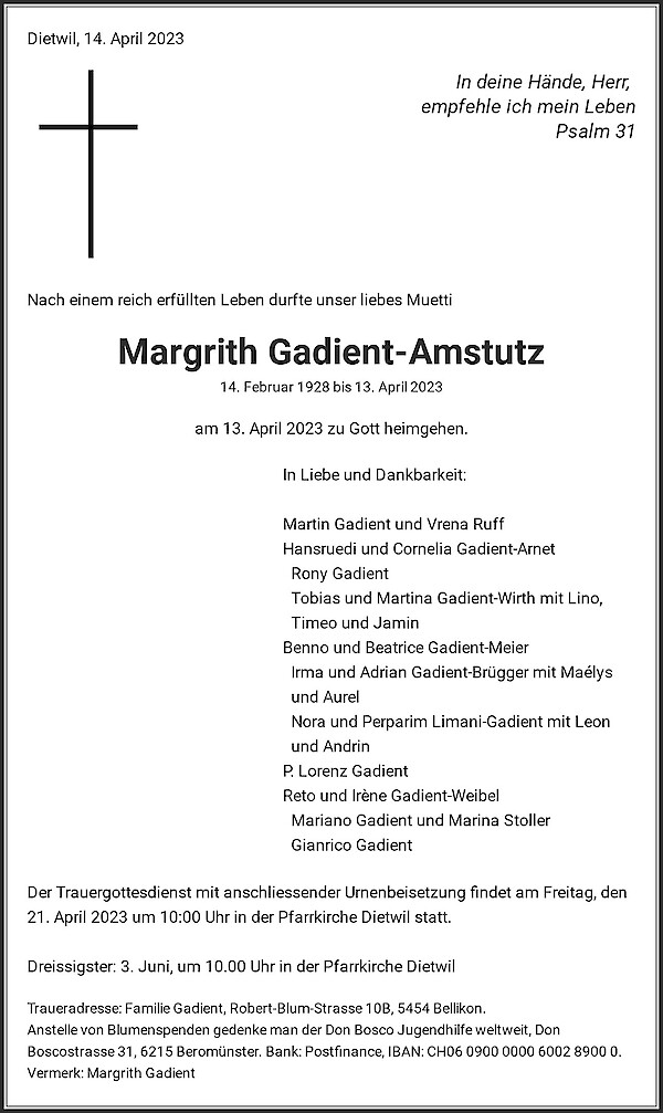 Avis de décès de Margrith Gadient-Amstutz