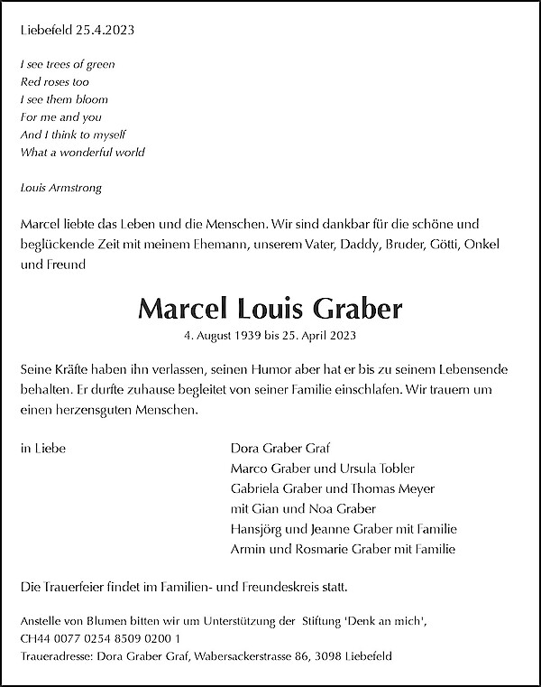 Avis de décès de Marcel Louis Graber