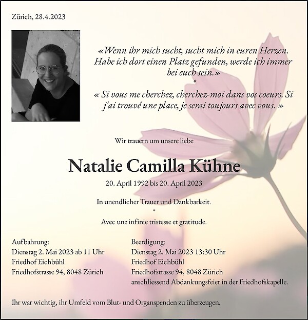 Avis de décès de Natalie Camilla Kühne, Zürich