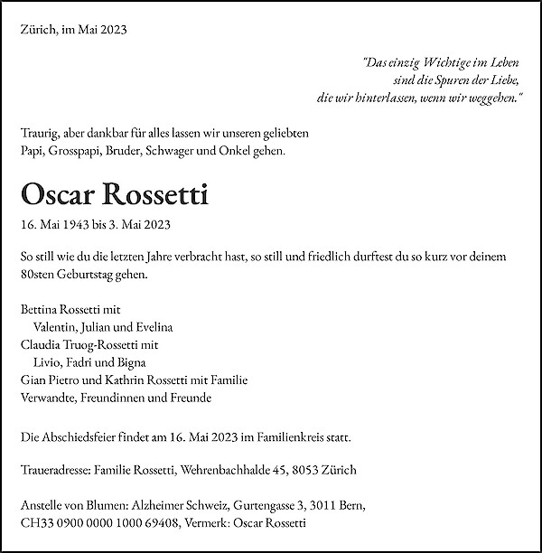 Todesanzeige von Oscar Rossetti