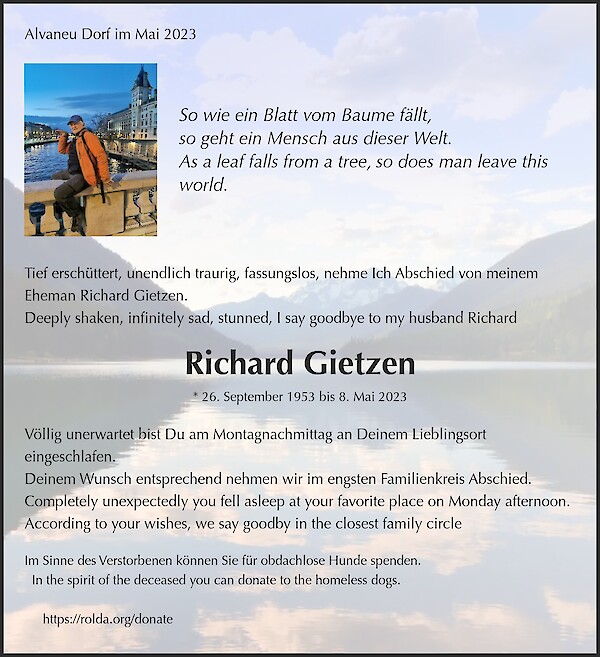 Avis de d&eacute;c&egrave;s de Richard Gietzen, Alvaneu Dorf