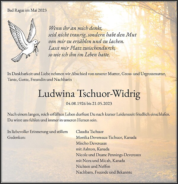 Todesanzeige von Ludwina Tschuor-Widrig, Bad Ragaz