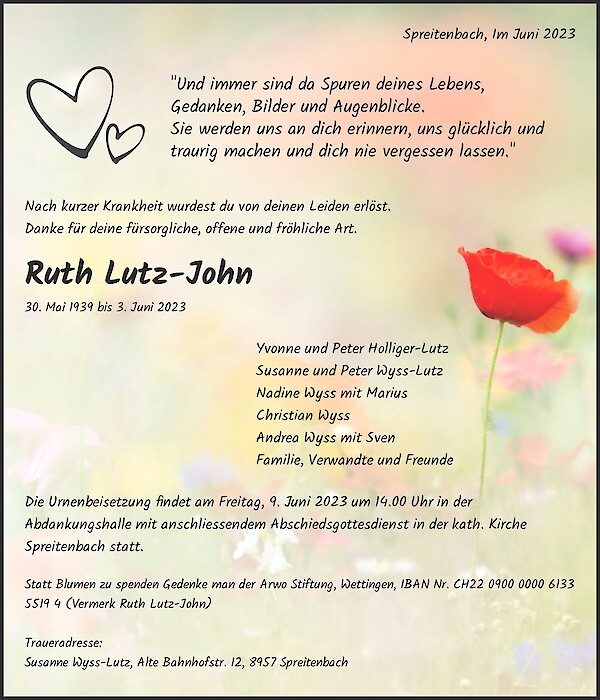 Avis de décès de Ruth Lutz-John